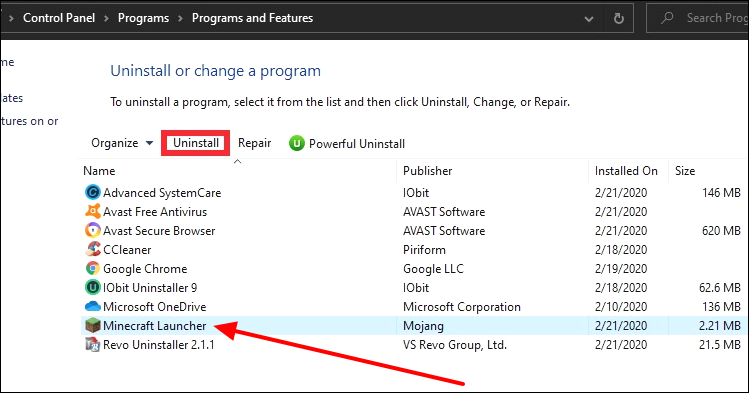 control panel uninstall minecraft
