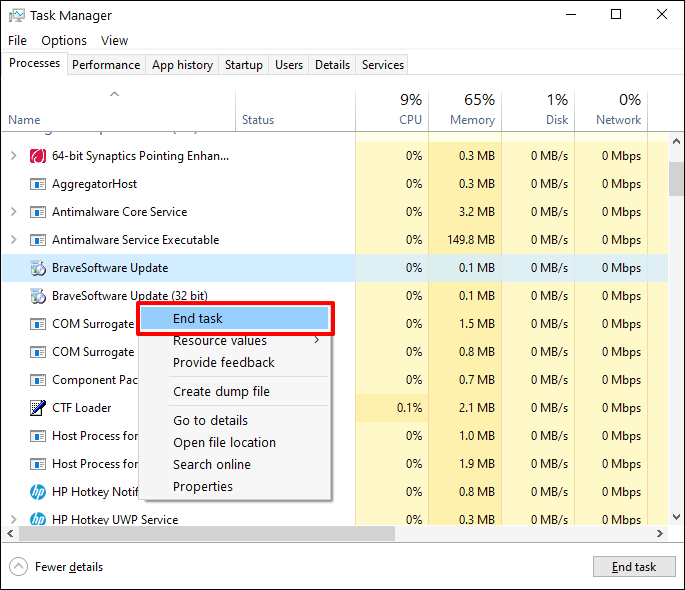 task manager uninstall brave