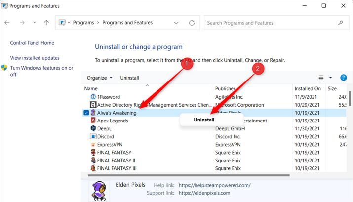 uninstall pc game control panel