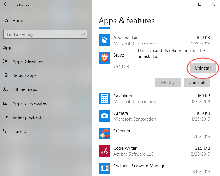 windows settings uninstall brave