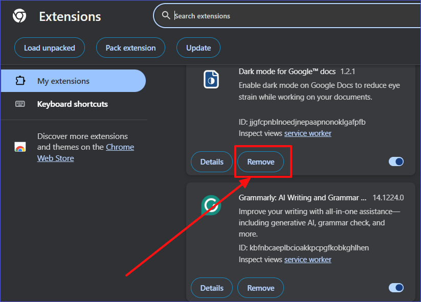 extensions page uninstall chrome extension