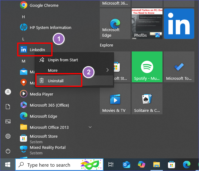 start menu uninstall app
