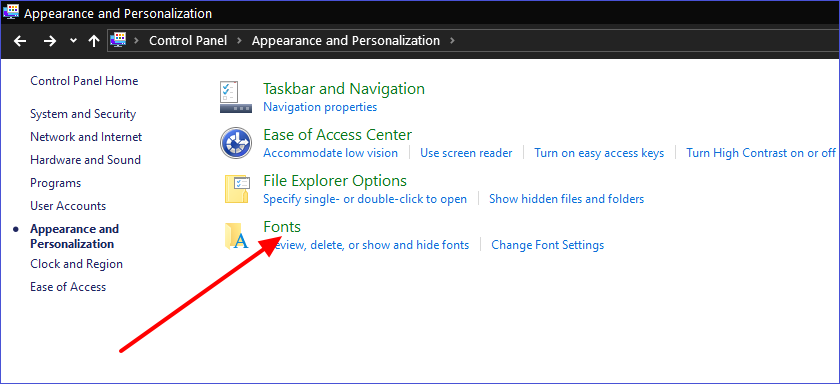 control panel uninstall fonts