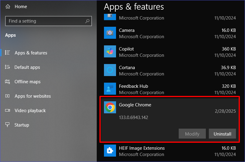 setting uninstall app