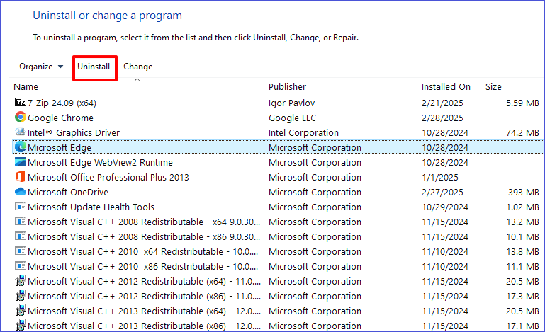 control pannel uninstall app