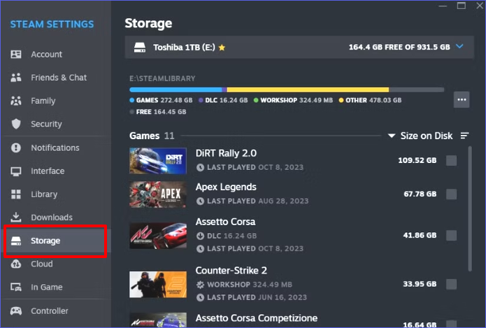storage manager uninstall steam game