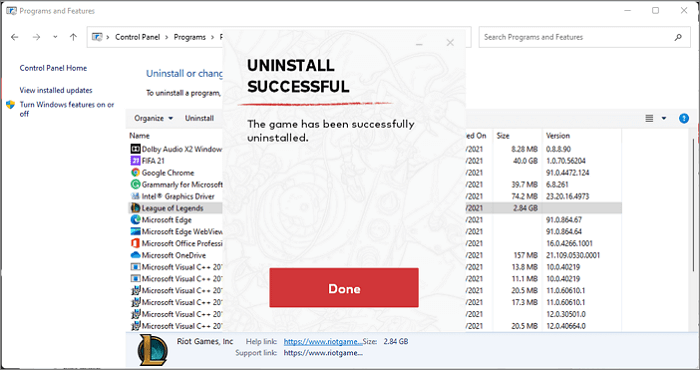 Uninstall successful pop-up