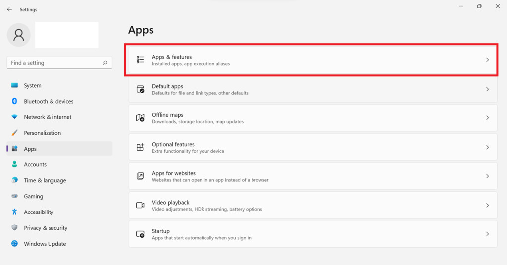 navigate to apps and features