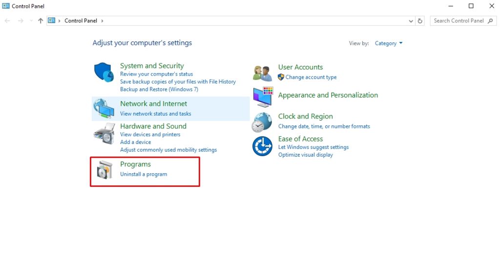 access uninstall a program tab