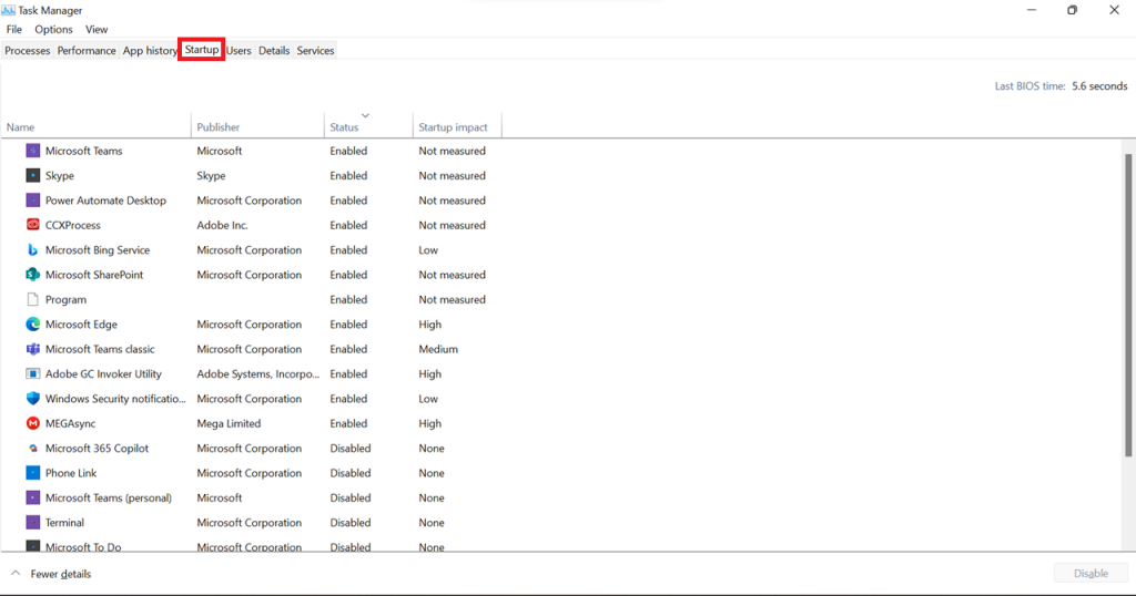 navigate to startup apps tab