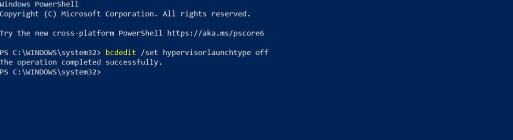 bcdedit powershell hyper v disable