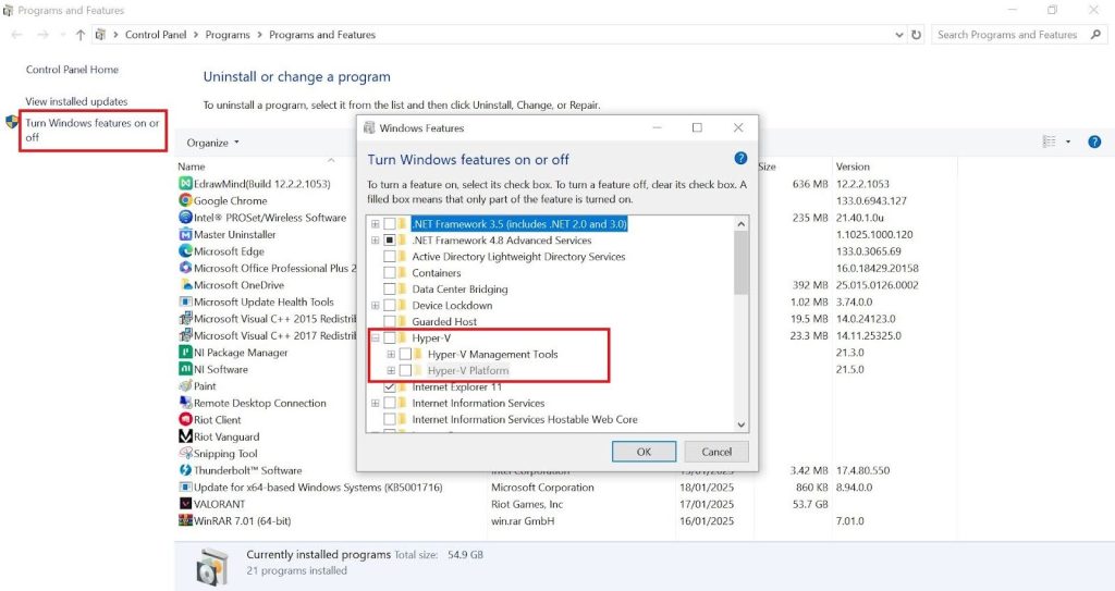 control panel uninstall hyper v