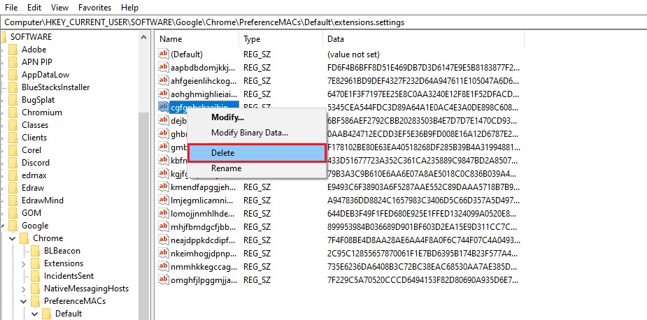 delete extension from registry