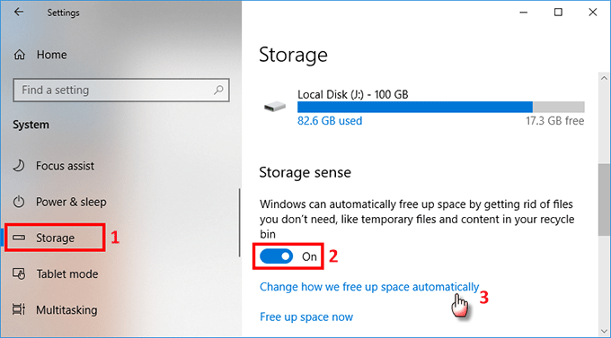 Turn on storage sense
