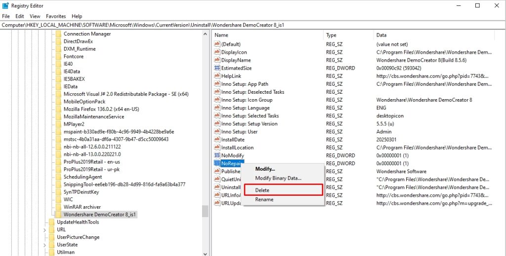 manually remove programs windows 10
