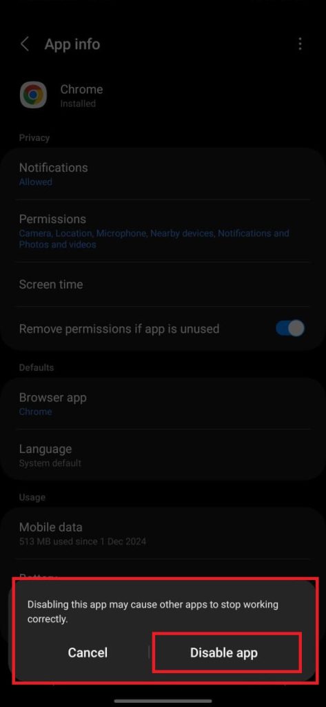 confirm chrome disable