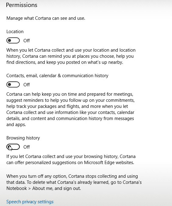 Disable Cortana permissions