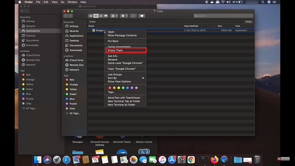 empty trash to delete chrome