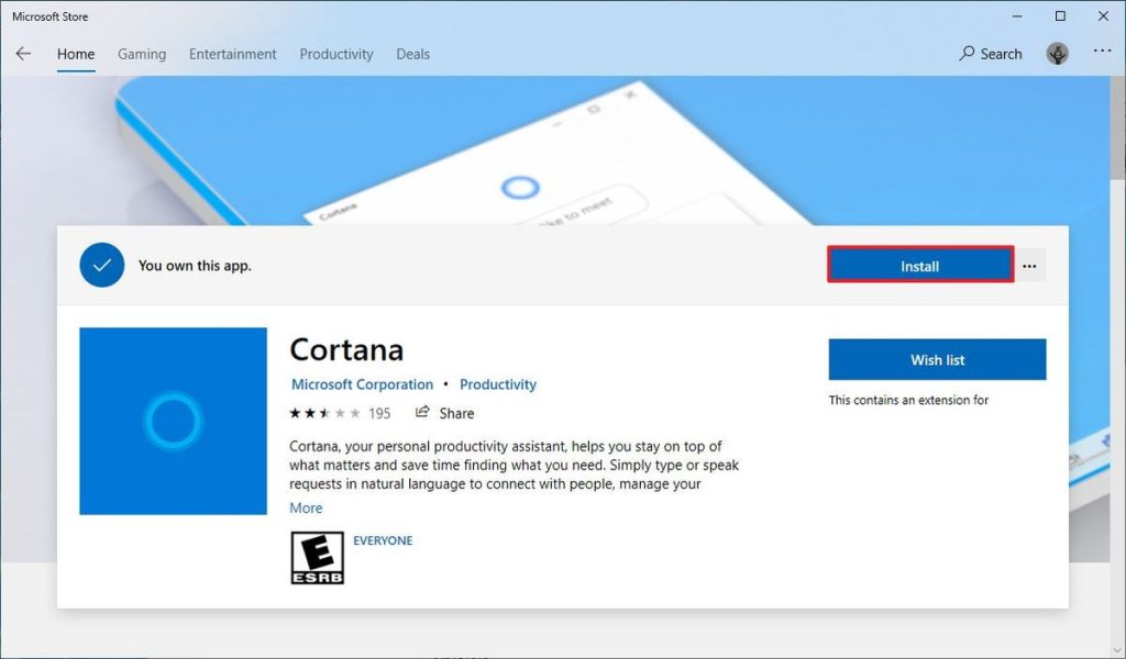 Install Cortana button