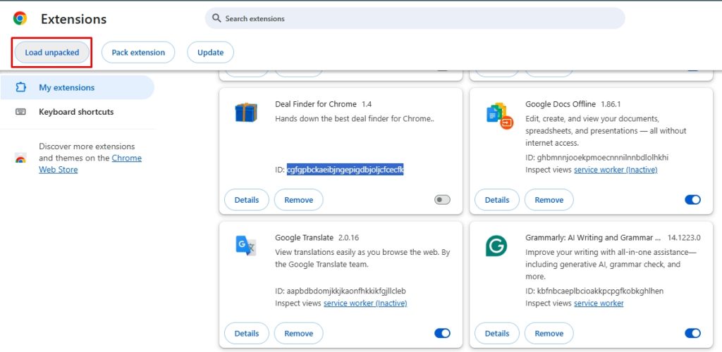 load unpacked extension manager