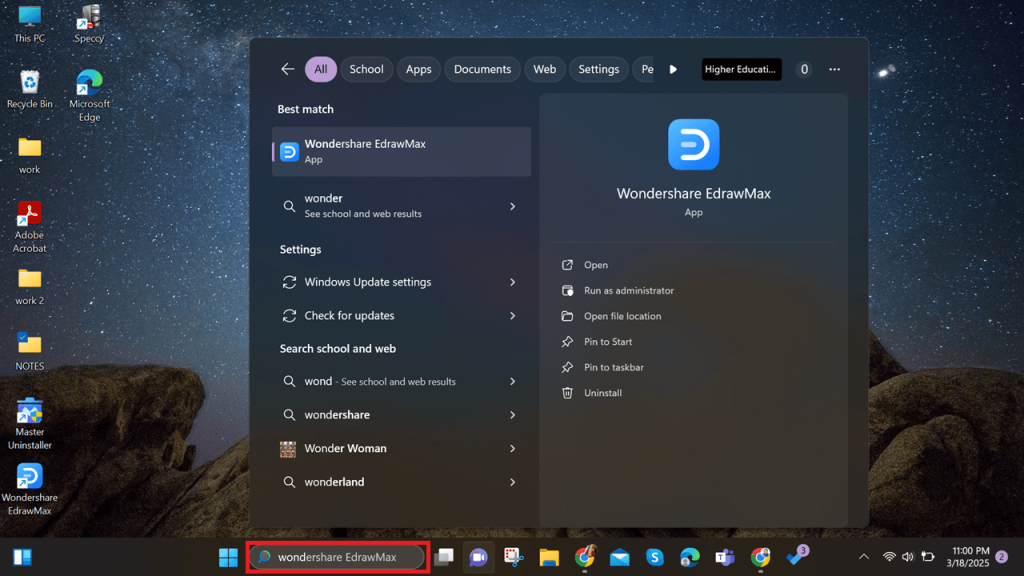 locate app in search bar