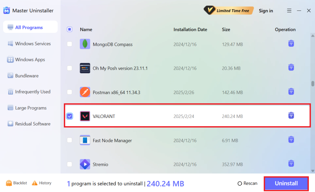 locate valorant in master uninstaller