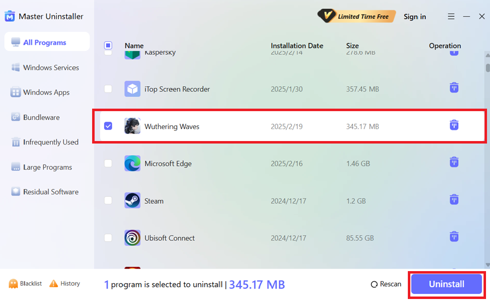 locate wuthering waves in master uninstaller