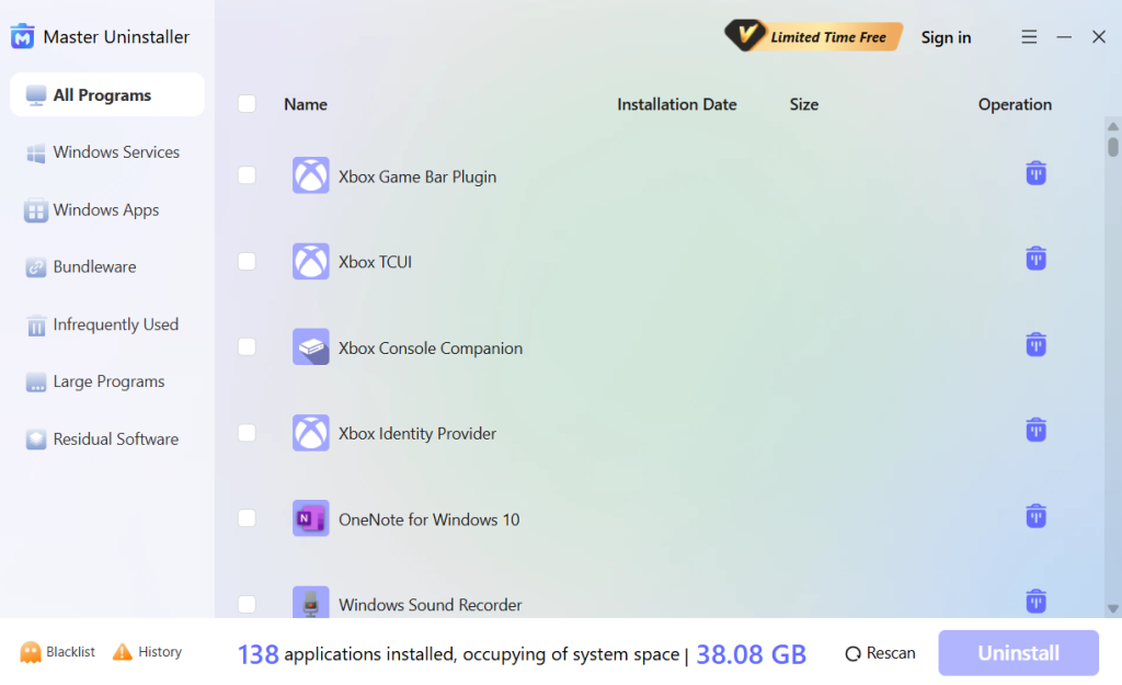 Master Uninstaller apps list