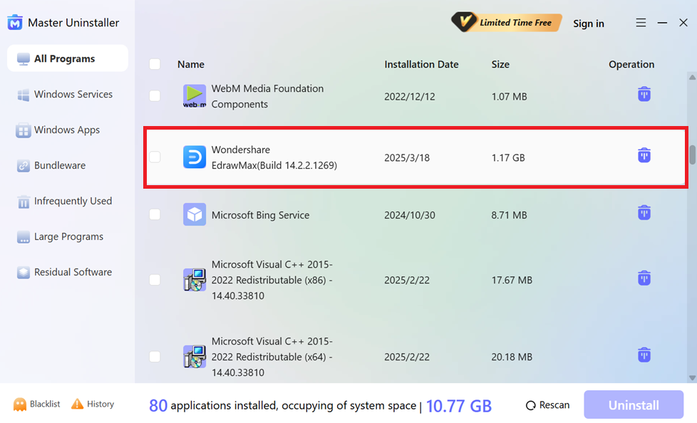 selecting app for uninstallation