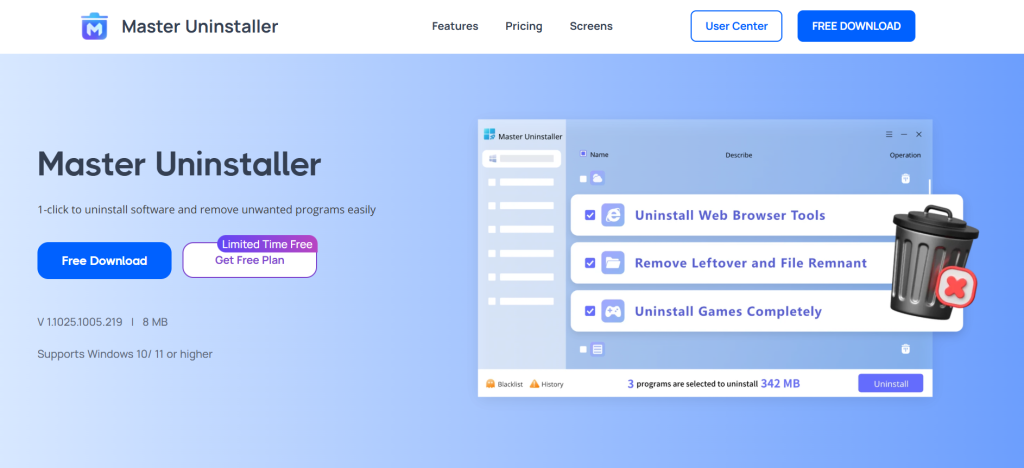 Master Uninstaller webpage