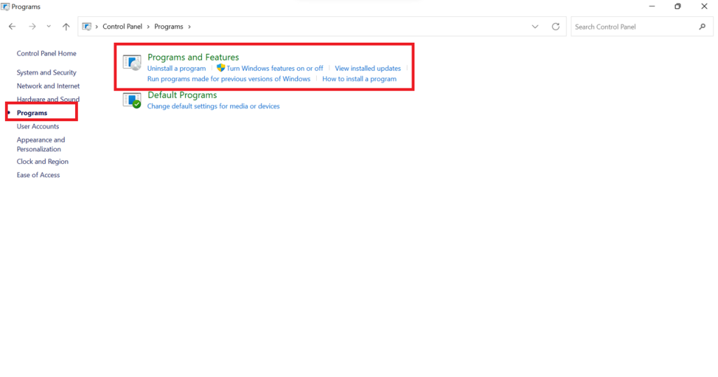 accessing programs and features