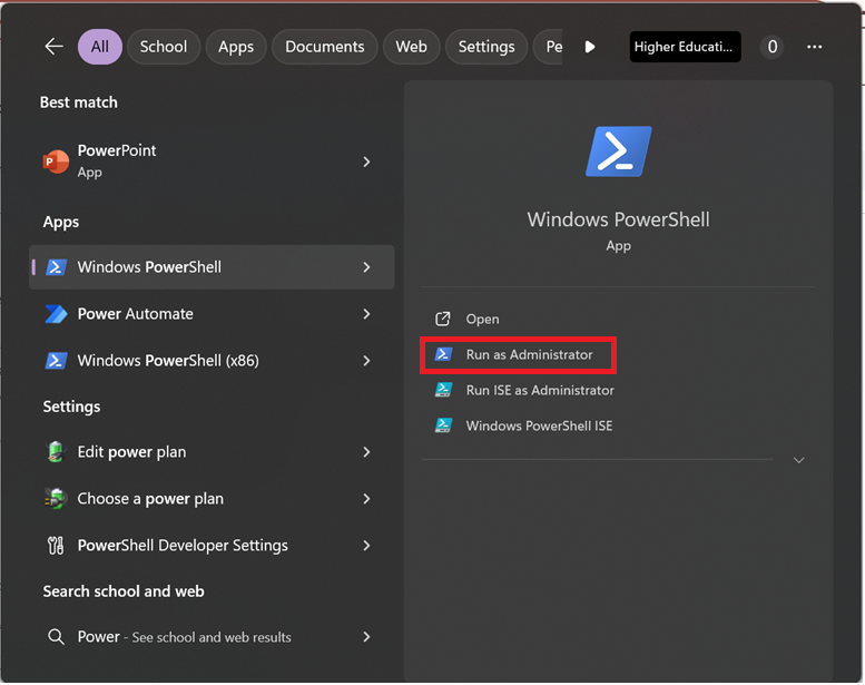 open powershell as administer
