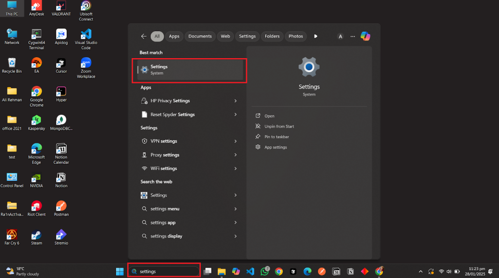 open settings to uninstall valorant