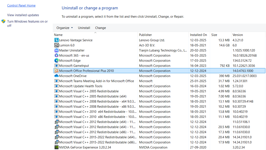 Control panel apps list