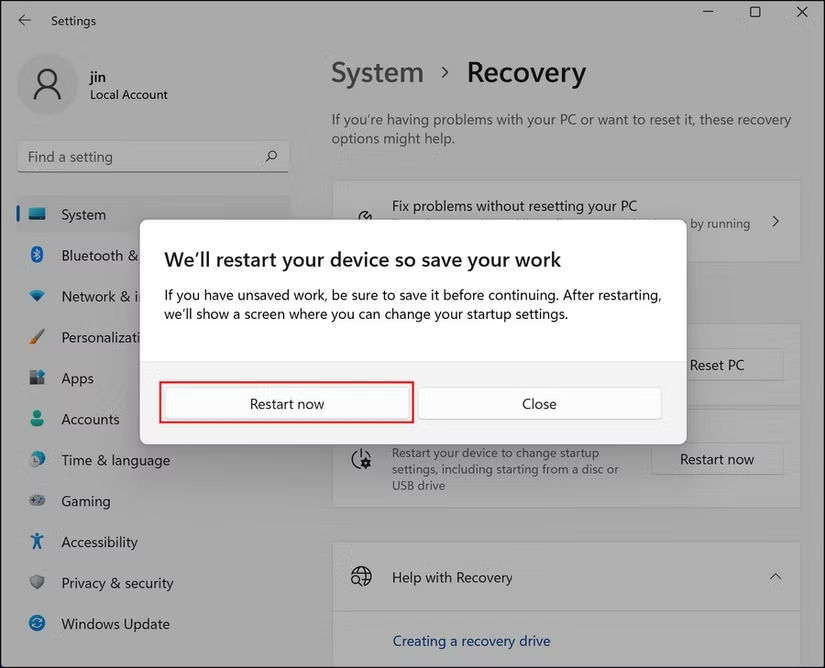 Restart now pop-up button