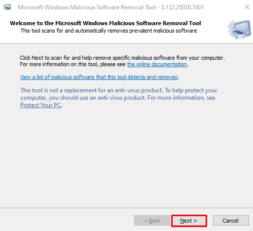 windows malicious removal tool running