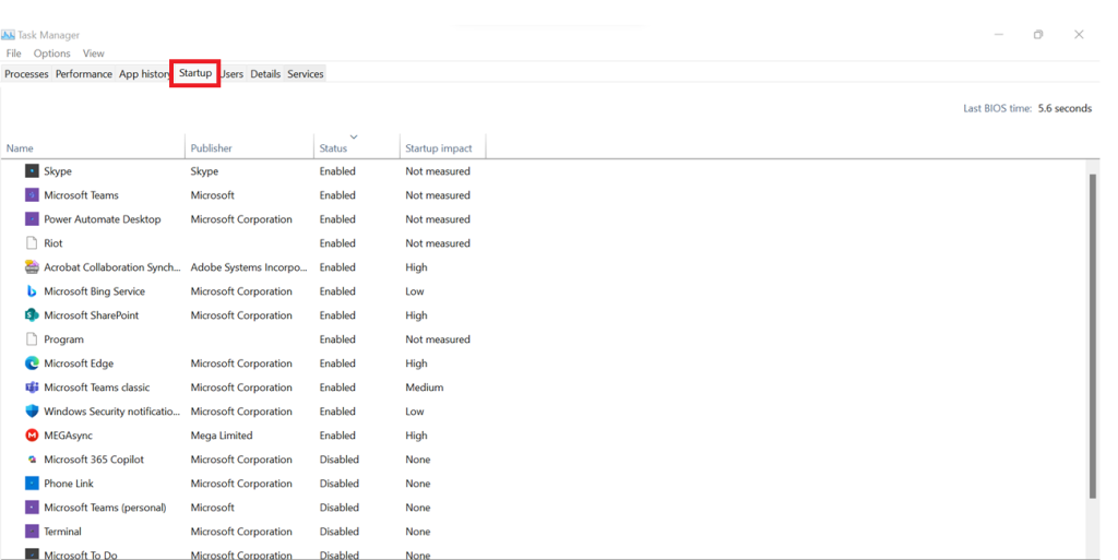 startup tab in task manager