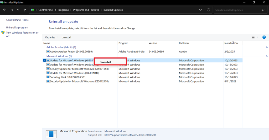 uninstall an update from windows control panel