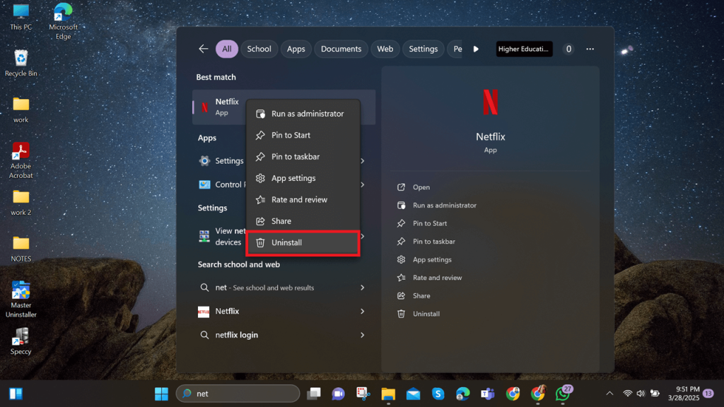 select uninstall app