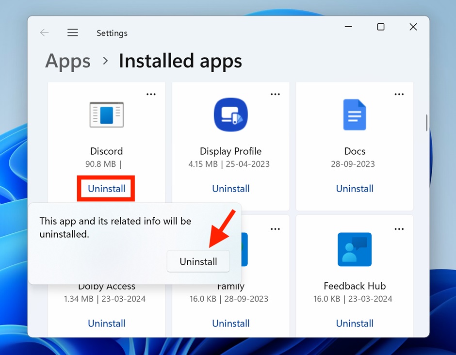 Uninstall button in settings app