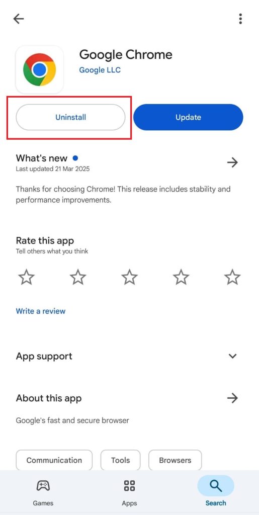 tap uninstall to remove chrome