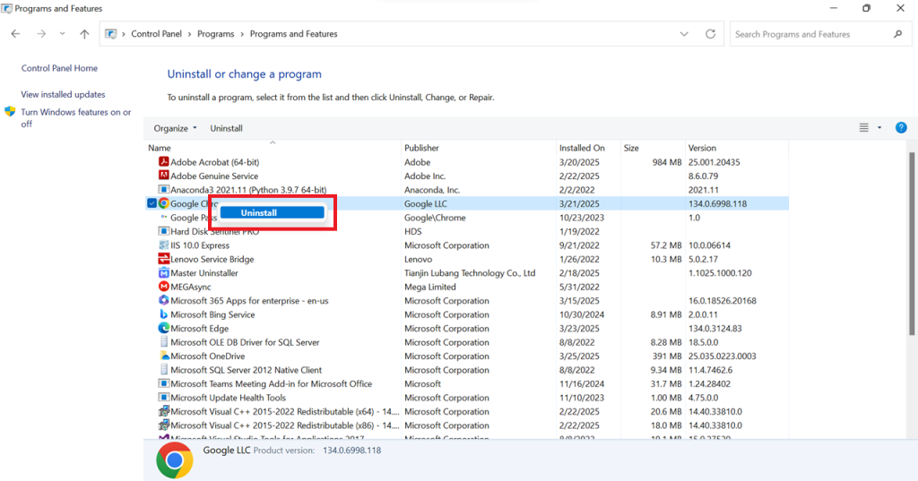 uninstall chrome via control panel