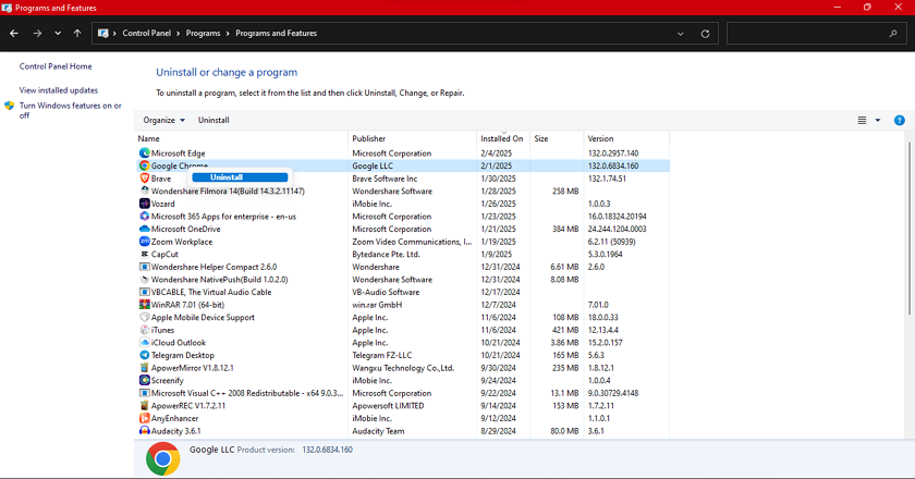 uninstall from control panel