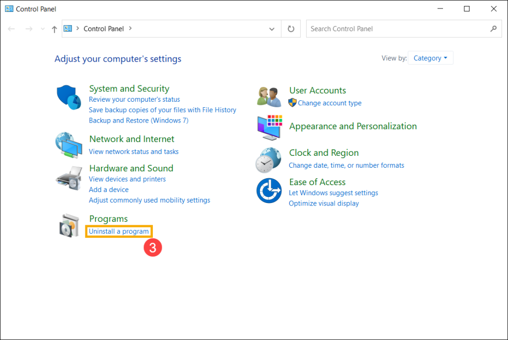 Uninstall a program in control panel