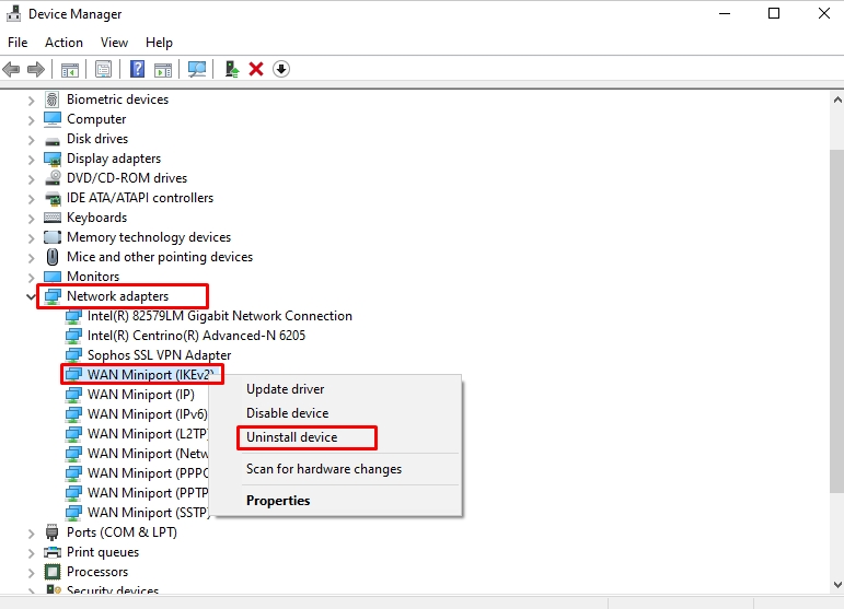 uninstall wan miniport to fix vpn not connecting