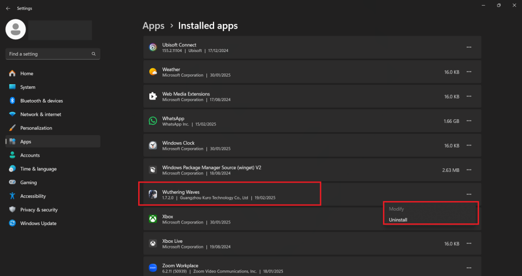 uninstall wuthering waves windows apps