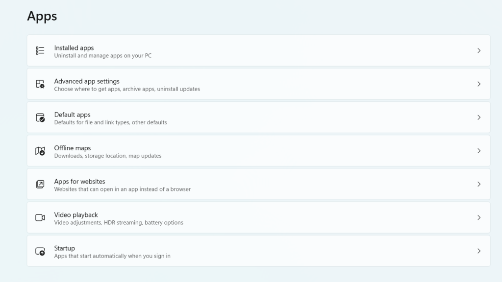 Apps list in settings
